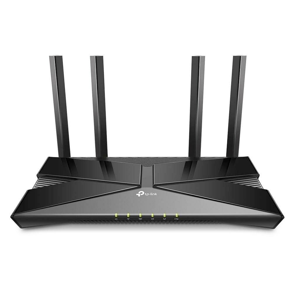 A large black wireless router, with four large antennae.